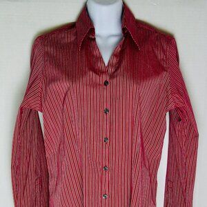 EDDIE BAUER WOMENS RED STRIPED BUTTON-DOWN LONG SLEEVE BLOUSE. SIZE MEDIUM